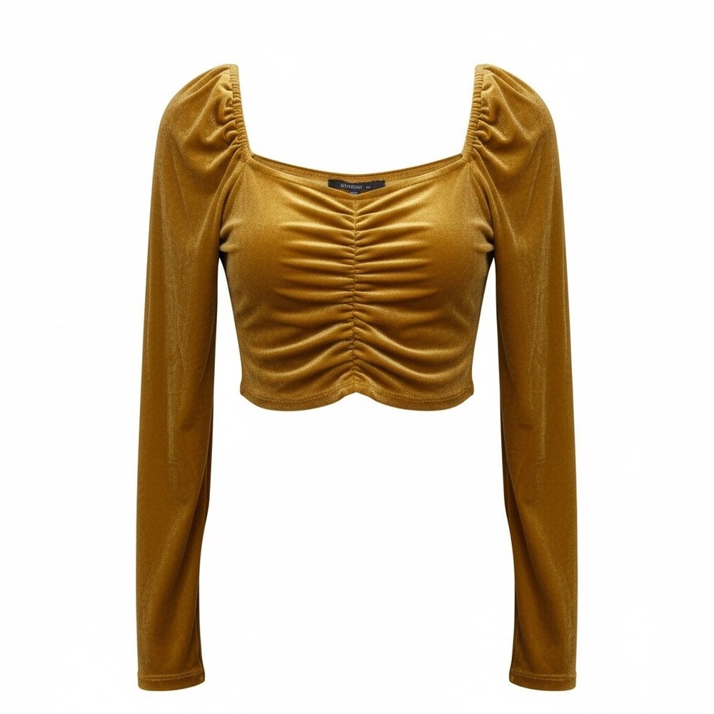Y2K Mixed Trend XS Milkmaid Ruched Velvet L/S Crop Top Yellow Whimsigoth Peasant